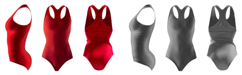  2 Set of red maroon grey gray front back side view, one piece racerback round neck classic silhouette swimsuit swimwear bodysuit leotard on transparent cutout PNG. Mockup template for artwork design