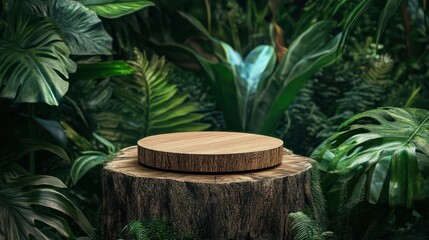 round piece of wood on a tree stump surrounded with lush exotic green plants mock up scene for advertising natural product
