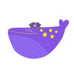 Cute pirate theme composition, postcard with funny hand drawn doodle whale character, hat with bones. Marine, nautical Caribbean bandit t shirt print, cover, template, banner, poster print objects