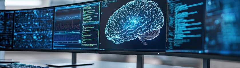 Fototapeta premium Futuristic workspace showcasing a digital brain interface on multiple screens, symbolizing advanced technology and artificial intelligence.