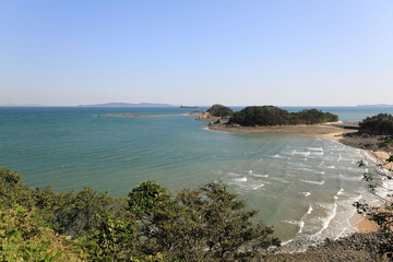 Deokjeokdo Island, Ongjin-gun, Incheon, South Korea - October 09, 2020: High angle view of sea rocks and beach at Soyado Island
