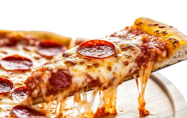 Delicious Pepperoni Pizza Slice on Pizza Peel - Detailed High-Resolution Photo with Melted Cheese, Crispy Crust, and Natural Lighting on White Background
