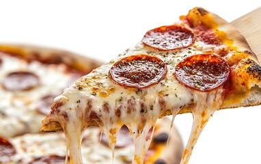 Delicious Pepperoni Pizza Slice Close-up on Pizza Peel - High Detailed Professional Food Photography with Melted Cheese and Crispy Crust, Isolated on White Background