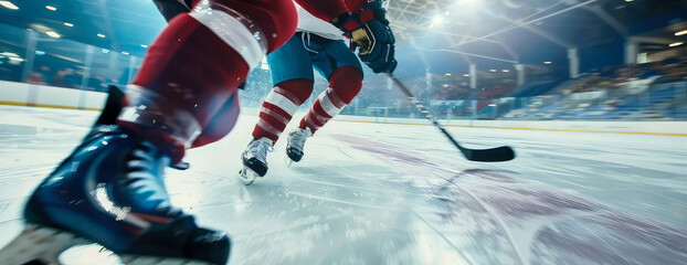Obraz premium Professional hockey tournament, players at the ice rink arena playing in hockey. Sportsman in motion. Hockey, active dynamic competition at ice stadium. Winter sport match. Generative ai