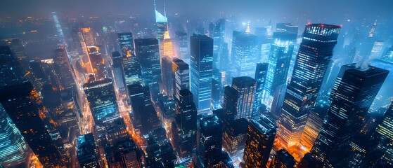 Obraz premium Nighttime Aerial View of Illuminated Skyscrapers in a City