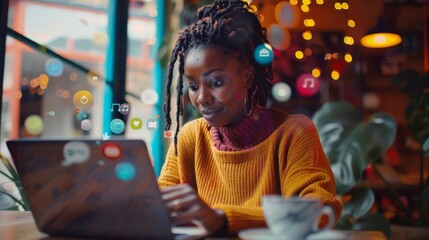 Obraz premium Woman in cozy cafe works on laptop. Coffee cup on table. Bokeh lights in background. Focus on productivity and technology in warm setting.