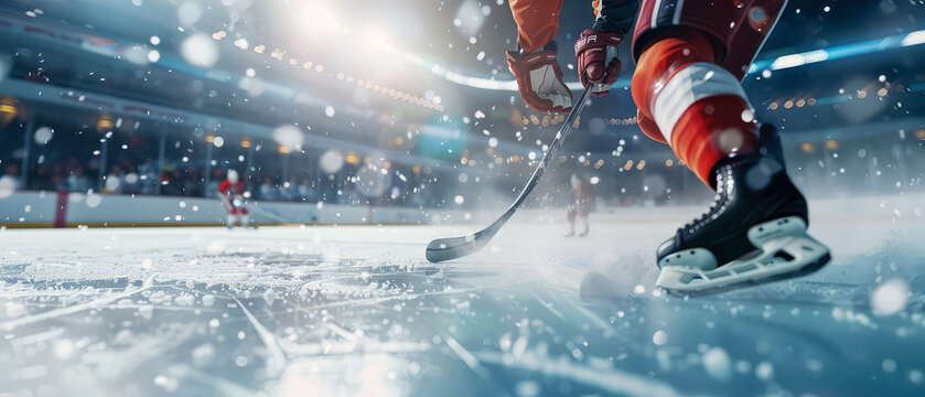 Professional hockey tournament, players at the ice rink arena playing in hockey. Sportsman in motion. Hockey, active dynamic competition at ice stadium. Winter sport match. Generative ai - Powered by Adobe
