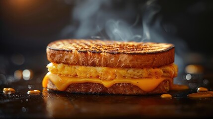 Melting grilled cheese sandwich in a pan with smoke, evoking the smell of freshly toasted bread.