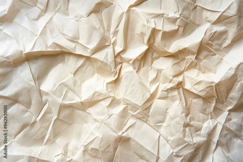 Poster crumpled paper texture close-up. folded white paper surface with curled edges. blurred background hi