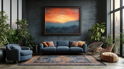 Modern living room with a large painting, blue sofa, armchair, rug and potted plants.