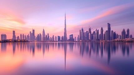 Fototapeta premium Panoramic view of Dubai skyline at sunrise with reflections in water creating a mesmerizing cityscape capturing the beauty of urban architecture.