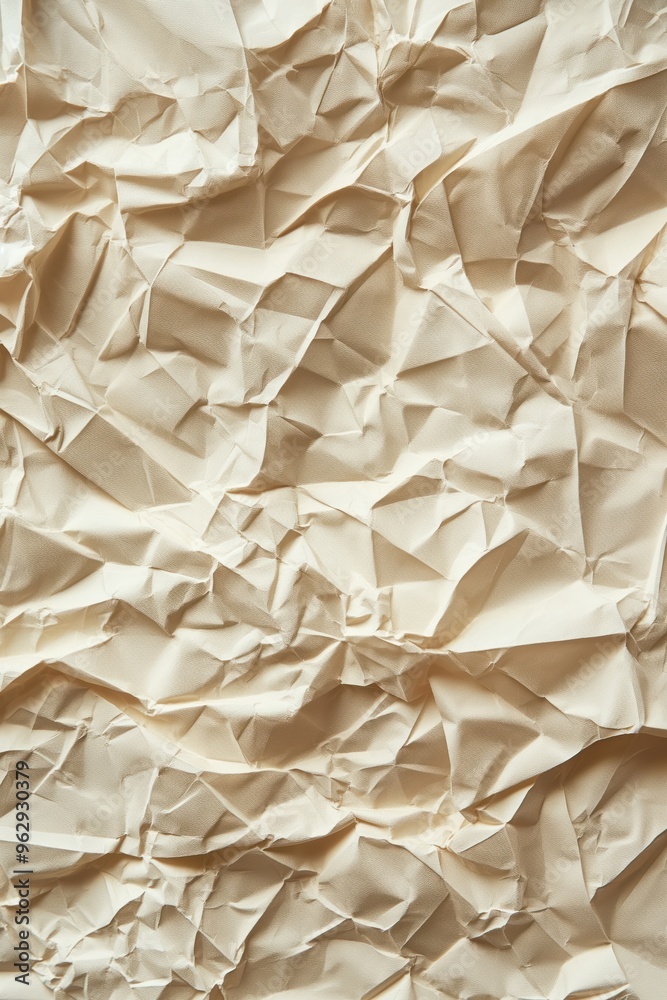 Poster Crumpled white paper texture with folded edges. Close-up view of thin flexible material resembling tissue or parchment paper. No text or objects visible, focus on textured surface.