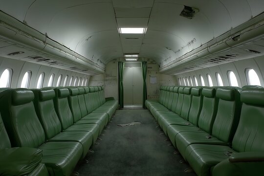 Abandoned military airplane cabin derelict interior vintage retro 60's passenger jet plane boeing empty seats.