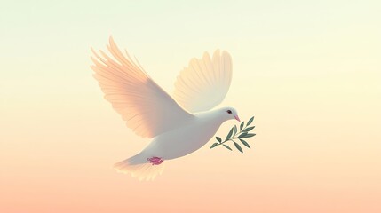 Fototapeta premium a dove flying in a clear sky, holding a small olive branch in its beak, symbolizing peace, tranquility, and emotional healing