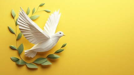 Fototapeta premium White dove with green olive branch on yellow background next to 2024 number. Peace symbol for happy New Year banner. Origami bird