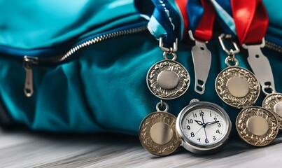 Vintage Paralympic medals alongside a classic stopwatch, celebrating athletic achievement and the spirit of competition.