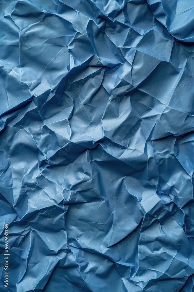 Poster crumpled blue fabric texture with shiny material. close-up view of folded and creased surface. promi