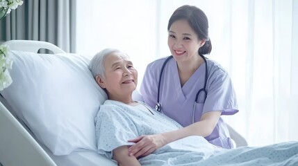 Obraz premium Asian Nurse Comforting Elderly Patient in Hospital Bed Warm Smiles Pastel-Colored Room