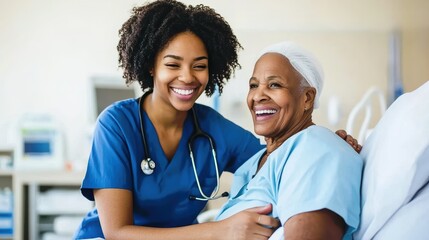 Black Caring Nurse Comforting Elderly Patient Sitting in Hospital Bed Sincere Smiles