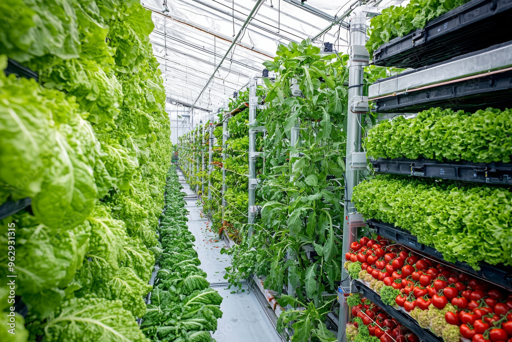 Wall mural a greenhouse filled with vibrant greens and ripe tomatoes, showcasing modern vertical farming techni