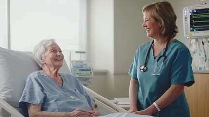 Obraz premium Nurse Comforting Elderly Patient in Hospital Bed Warm Smiles Light-Colored Room