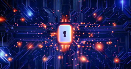Obraz premium Abstract design showcases a digital lock surrounded by vibrant circuits, symbolizing the essence of data security and technological advancement