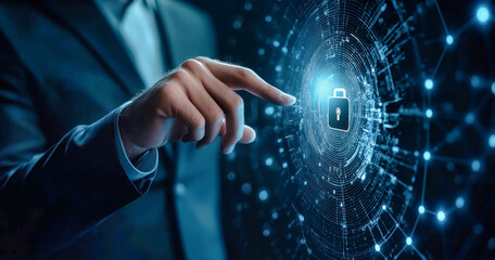 A businessman interacts with a digital lock icon, emphasizing cybersecurity and the importance of protecting personal data in today's technology-driven world