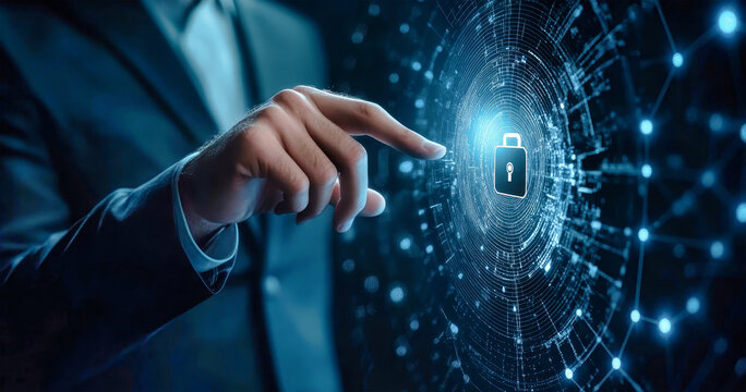 A businessman interacts with a digital lock icon, emphasizing cybersecurity and the importance of protecting personal data in today's technology-driven world