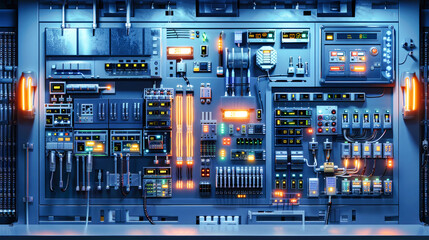 A high-tech control panel filled with switches and wires glows ominously in blue light, showcasing the complexity of electrical systems at work