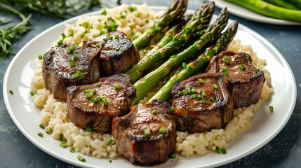 A plate of lamb chops and risotto with asparagus. Grilled asparagus with bacon