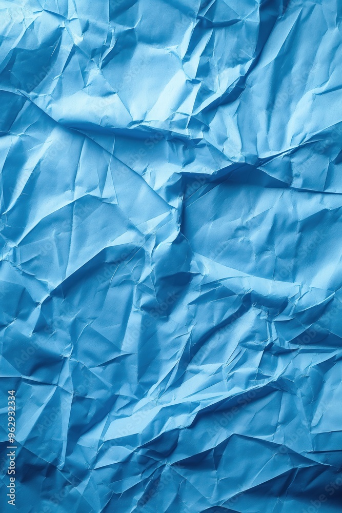 Poster crumpled blue paper texture background with creased surface. close-up view of folded and wrinkled ma