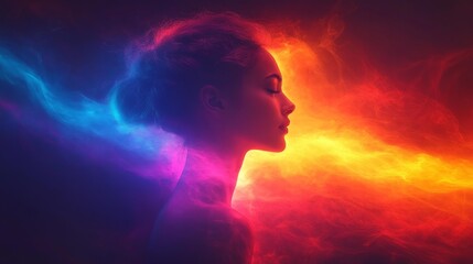 Obraz premium Vibrant Portrait of Woman in Colorful Light Generative AI