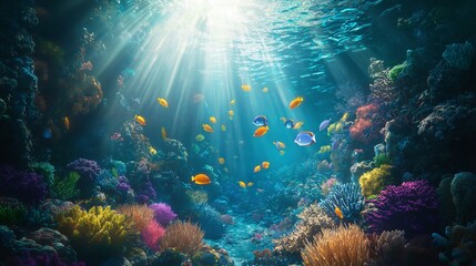 Fototapeta premium A serene underwater scene featuring a school of colorful fish swimming through a coral reef