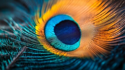 Fototapeta premium Peacock Feather Macro Photography Blue Green and Orange Colors