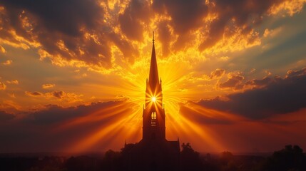 Obraz premium Church Steeple Silhouette at Sunset with Radiant Sunburst