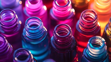 A vibrant collection of colorful bottles filled with liquid. Bright hues of blue, pink, and purple create an eye-catching display. Perfect for artistic and creative projects. AI