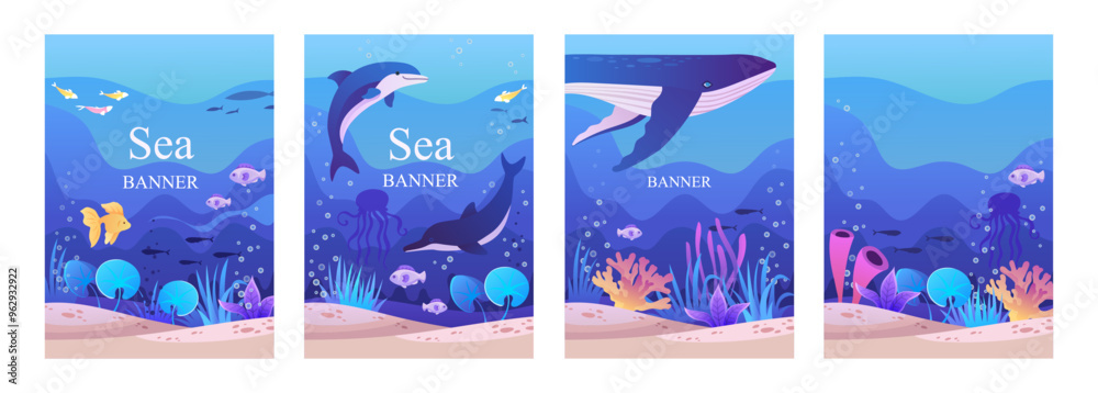 Wall mural set of sea banners. dolphins, fish, whale. underwater world. vector cartoon illustration.