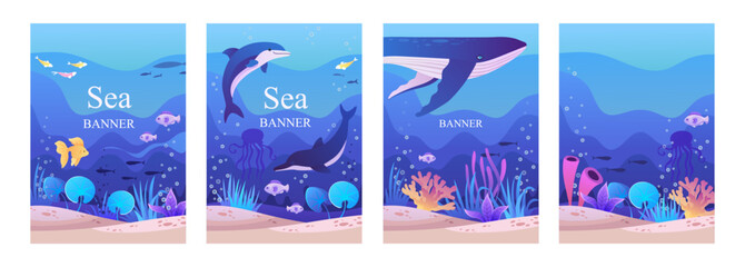 Set of sea banners. Dolphins, fish, whale. Underwater world. Vector cartoon illustration.
