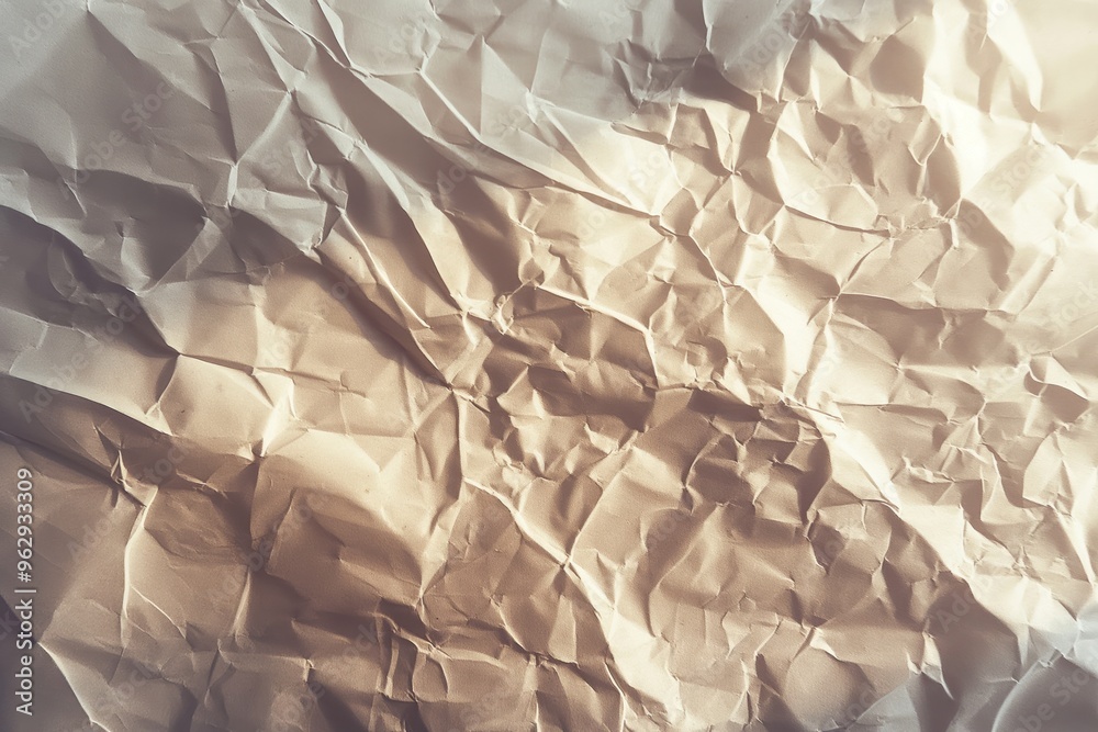 Aufkleber Crumpled white paper texture with folded edges on beige background. Unique perspective of wrinkled craft paper surface. Ideal for design and art projects, creative backgrounds, or eco-friendly themes.