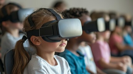 Young girl wearing VR headset  looking at virtual reality  technology  future  innovation