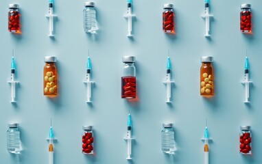 Vaccines and Syringes on a Blue Background