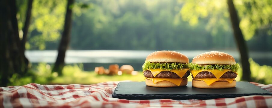Two juicy cheeseburgers on a picnic blanket.