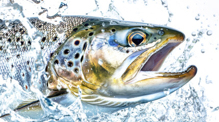 A striking trout bursts from the water's surface, its mouth agape, creating splashes that shimmer against a pure white background