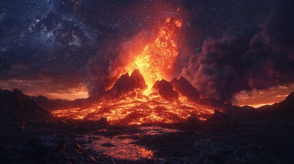 Fototapeta premium Erupting Volcano with Lava Flow and Starry Night Sky