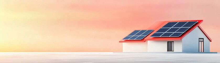 Fototapeta premium Modern house with solar panels against a colorful sunset, showcasing renewable energy and sustainable living.