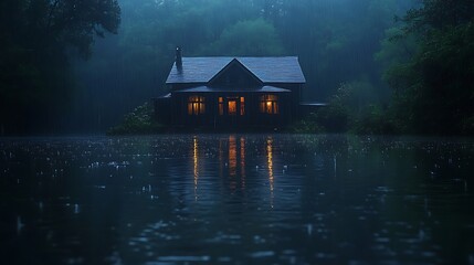 A small wooden cabin sits on a lake, illuminated by warm lights, as rain falls around it, creating a tranquil and moody atmosphere.