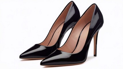 Pair of Classic Black Patent Leather Stiletto Heel Pumps Isolated on a White Background