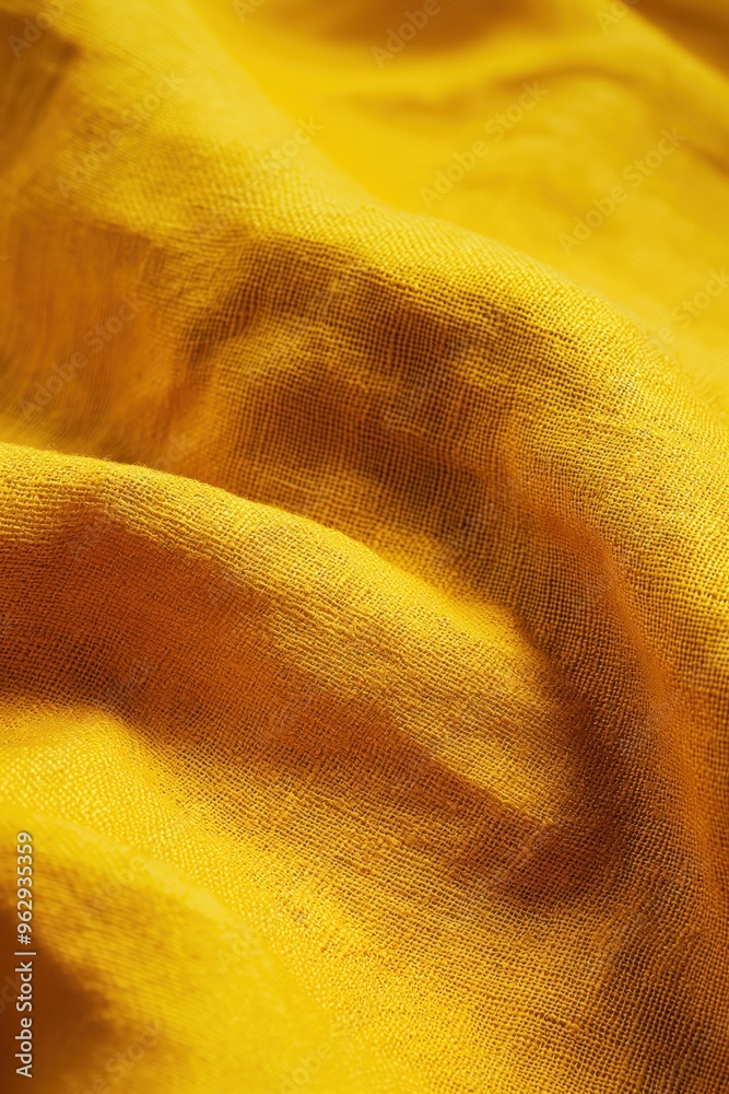 Poster Yellow fabric close-up shows woven material with subtle pattern. Wrinkled texture adds depth to image. Blurred background focuses on fabric. Perfect for fashion, textile, or design projects.