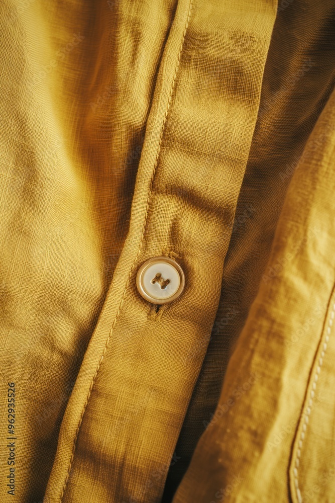 Poster yellow fabric close-up shows button on left side with small hole. wrinkled texture and blurred backg