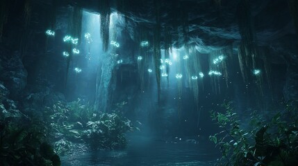 A mystical underwater cavern with glowing bioluminescent plants